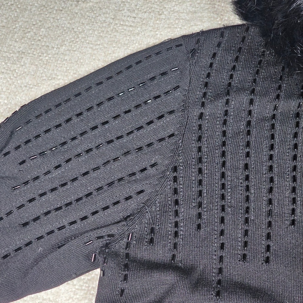 Cache Y2K Cardigan Sweater Zip Up Beaded Fur Trim Hooded Silk Blend Black ‎ M - Picture 7 of 13